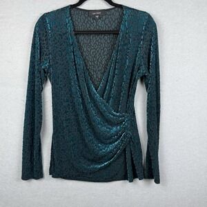 Karen Kane Sheer Velvet Burnout Long Sleeve Faux Wrap Green Top XL Fairy Y2K